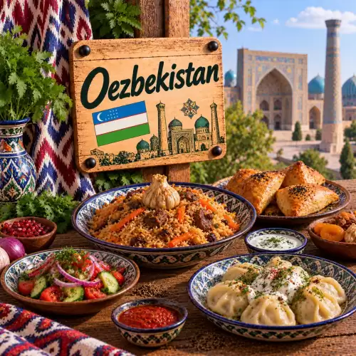 Oezbeekse recepten met plov, manti, samsa, salade, yoghurt, granaatappel, gedroogd fruit en traditionele gerechten op een rustieke houten tafel