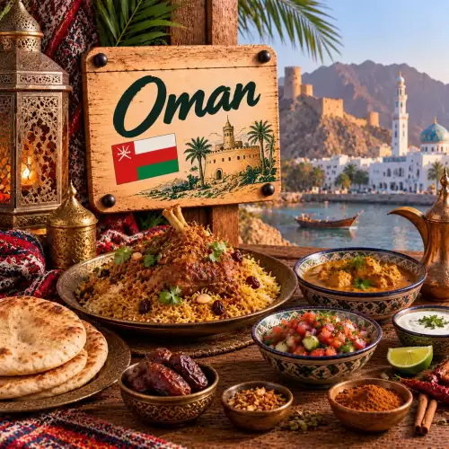 Omaanse recepten met shuwa, gekruide rijst, vlees, brood, dadels, salade, yoghurt en traditionele gerechten op een rustieke houten tafel