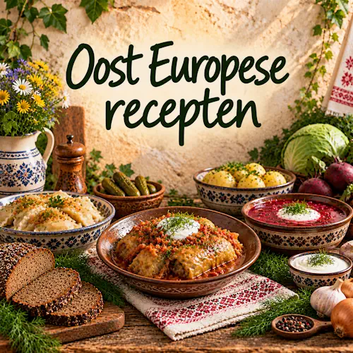 Oost-Europese gerechten met gevulde koolrolletjes, bietensoep, deegkussentjes, aardappelen, donker roggebrood, augurken, zure room, bieten en verse dille op een rustieke houten tafel