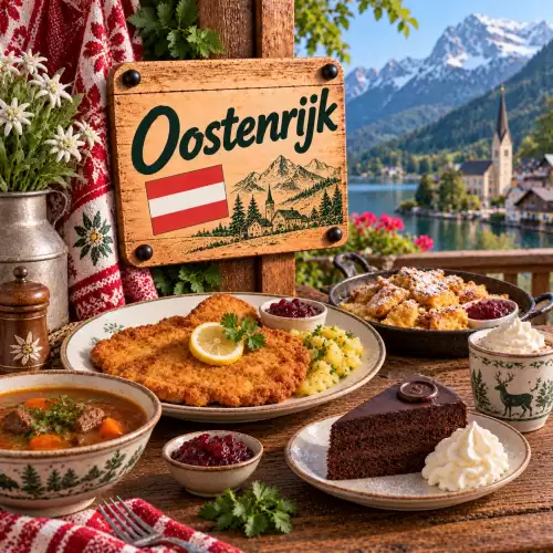 Oostenrijkse recepten met Wiener schnitzel, goulash, Kaiserschmarrn, Sachertorte, aardappelen en traditionele gerechten op een rustieke houten tafel