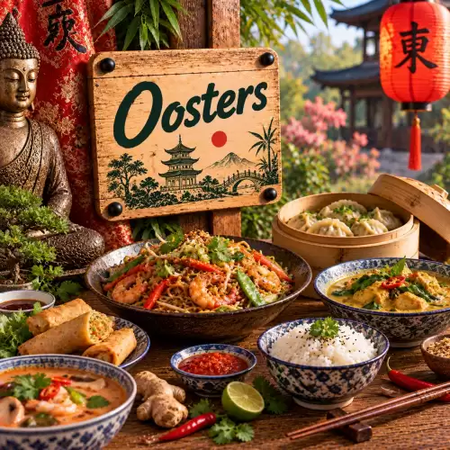 Oosterse recepten met noedels, dumplings, curry, rijst, loempia's, soep, groenten, garnalen en aromatische kruiden op een rustieke houten tafel