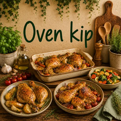 Verschillende gerechten met oven kip zoals kippenpoten en gebraden kip met aardappelen, groenten, knoflook en verse kruiden op een rustieke houten tafel