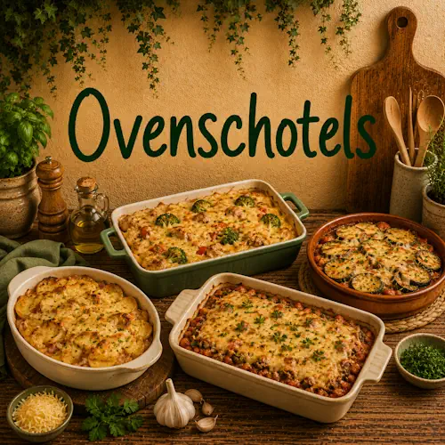 Verschillende ovenschotels met aardappelen, groenten, vlees, tomatensaus, kruiden en een goudbruin laagje kaas op een rustieke houten tafel