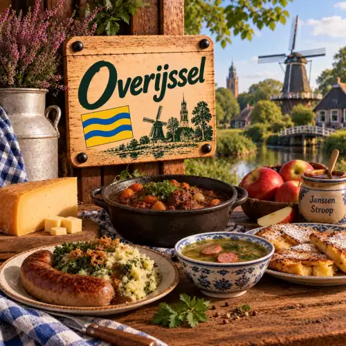 Overijsselse recepten met stamppot, worst, stoofgerecht, soep, kaas, appels en traditionele streekgerechten op een rustieke houten tafel