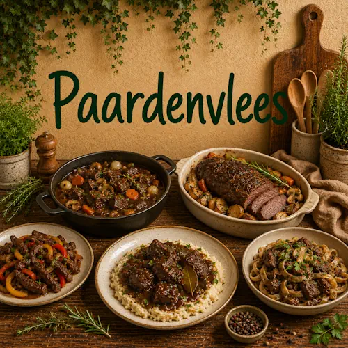 Verschillende gerechten met paardenvlees zoals stoofvlees, gebraden paardenvlees en vlees met groenten, pasta, kruiden en saus op een rustieke houten tafel
