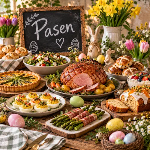 Feestelijke paastafel met gevulde eieren, asperges, hartige taart, paasbrood, salade, gebakken ham, voorjaarsgroenten en gekleurde paaseieren