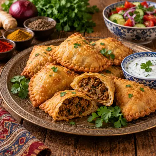 Krokante Pakistaanse gehaktpakketjes gevuld met gekruid rundergehakt, ui, chili, koriander en komijn