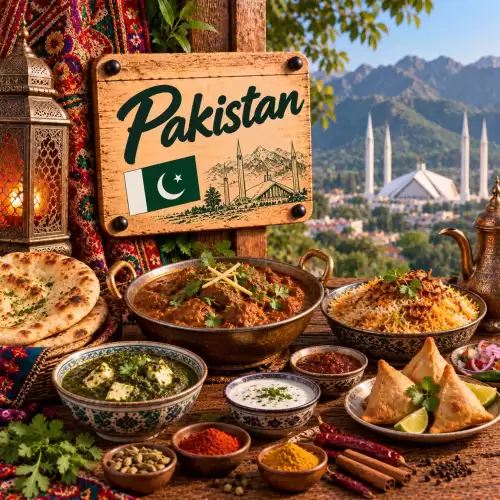 Pakistaanse recepten met biryani, curry, naan, samosa's, rijst, groenten, chutney en aromatische specerijen op een rustieke houten tafel