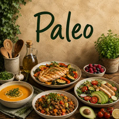 Paleo gerechten met kip, vlees, groenten, avocado, salade, soep en vers fruit op een rustieke houten tafel