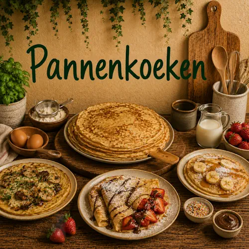 Verschillende pannenkoeken met aardbeien, banaan, chocolade en hartige pannenkoeken met champignons naast bloem, eieren en melk op een rustieke houten tafel
