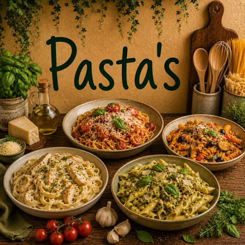 Verschillende pastagerechten met tomatensaus, kip, pesto, groenten, Parmezaanse kaas, basilicum en knoflook op een rustieke houten tafel