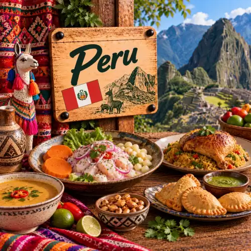 Peruaanse recepten met ceviche, rijstgerechten, kip, empanada's, maïs, aardappelen, limoen en traditionele gerechten op een rustieke houten tafel