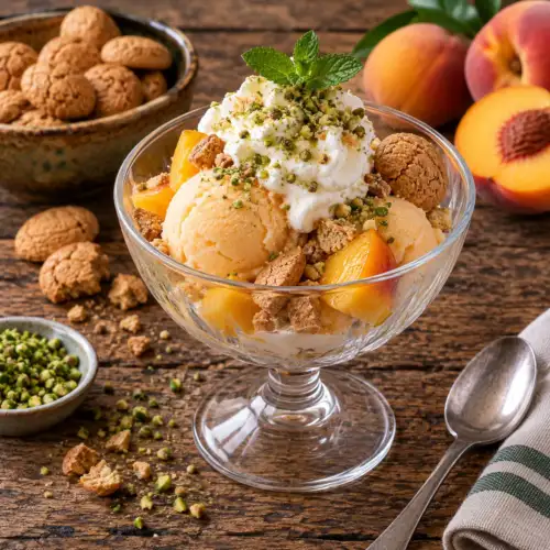 Perzikdessert met bitterkoekjes, perzikyoghurt, slagroom en stukjes perzik