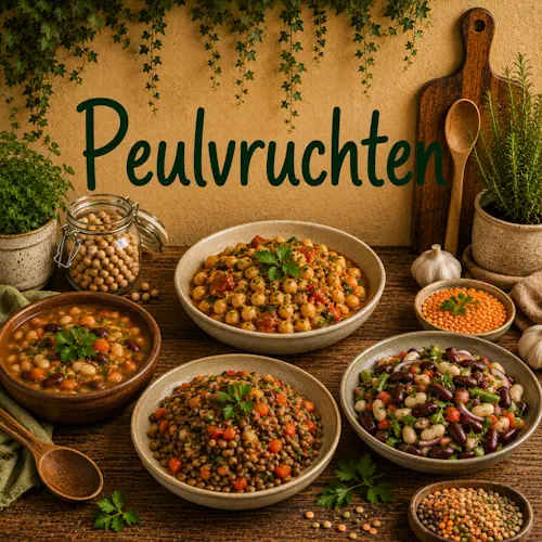 Verschillende gerechten met peulvruchten zoals kikkererwten, linzen, kidneybonen en witte bonen in salades, stoofgerechten en soep op een rustieke houten tafel
