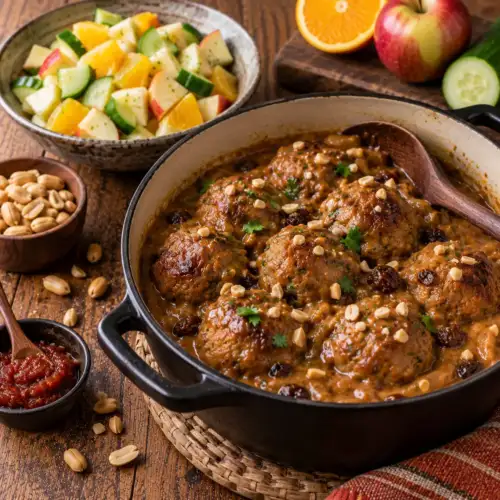Pittige kalfsgehaktballen in romige pindasaus met sambal en rozijnen geserveerd met een frisse fruitsalade