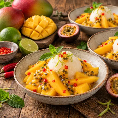 Pittige mangosalade met citroensorbet, passievrucht, limoen en fijngehakte rode peper