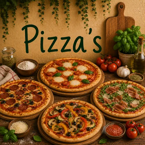 Verschillende pizza's met tomaat, mozzarella, groenten, vlees, rucola en kaas naast verse basilicum en andere ingrediënten op een rustieke houten tafel