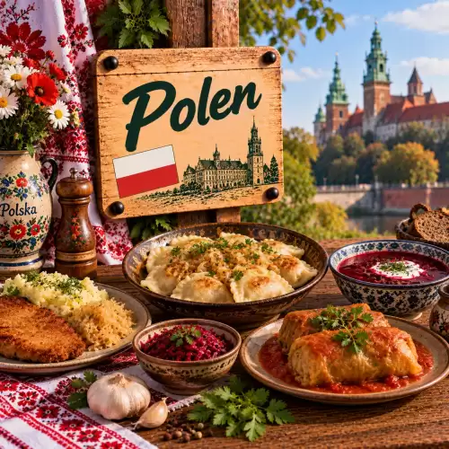 Poolse recepten met pierogi, borsjt, gołąbki, schnitzel, aardappelen, zuurkool, roggebrood en traditionele gerechten op een rustieke houten tafel
