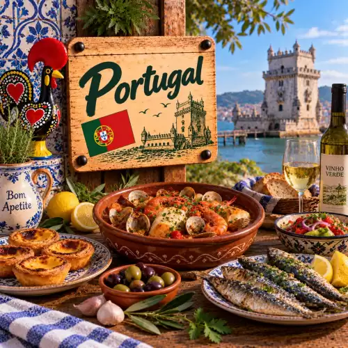 Portugese recepten met bacalhau, gegrilde sardines, zeevruchten, pastéis de nata, brood, olijven en traditionele gerechten op een rustieke houten tafel