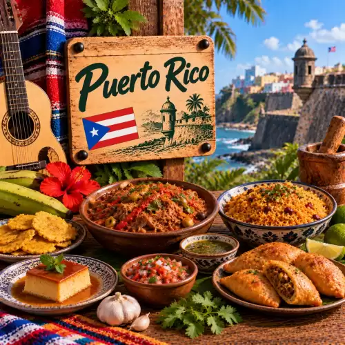 Puerto Ricaanse recepten met rijst en bonen, gestoofd vlees, bakbananen, empanadilla's, flan, salsa en traditionele gerechten op een rustieke houten tafel