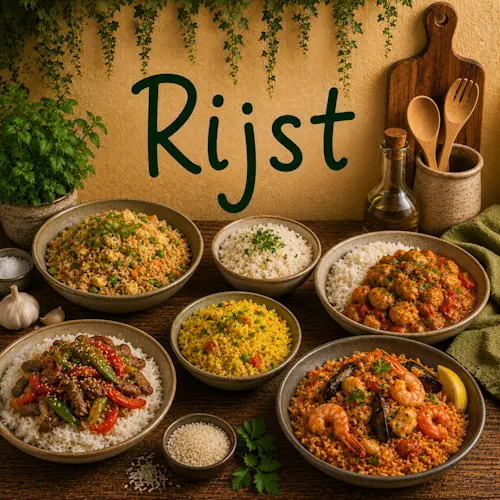 Verschillende rijstgerechten met kip, rundvlees, groenten, curry en zeevruchten naast witte en gekruide rijst op een rustieke houten tafel