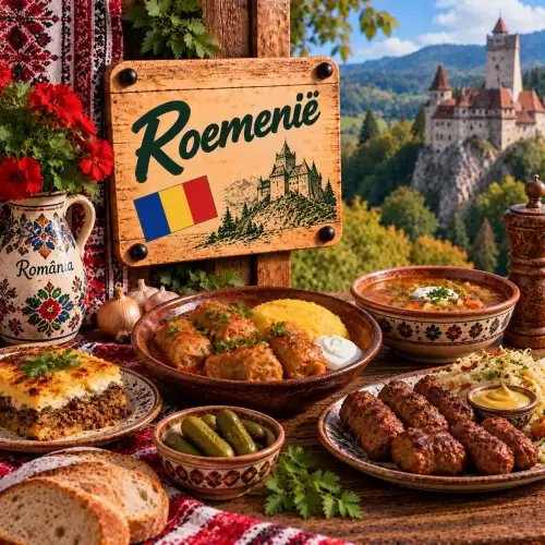 Roemeense recepten met sarmale, mămăligă, mititei, ciorbă, brood, ingelegde groenten en traditionele gerechten op een rustieke houten tafel