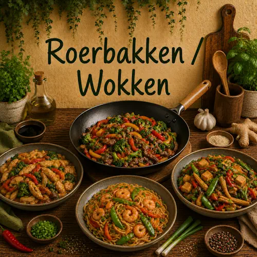 Verschillende roerbak- en wokgerechten met kip, rundvlees, garnalen, tofu, noedels en kleurrijke groenten op een rustieke houten tafel