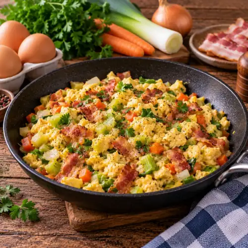 Smeuïg roerei met kleurrijke soepgroenten en stukjes gebakken bacon