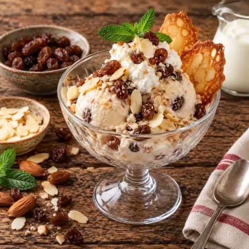 Romige amandelcoupe met yoghurt, rozijnen, slagroom en geroosterde amandelen