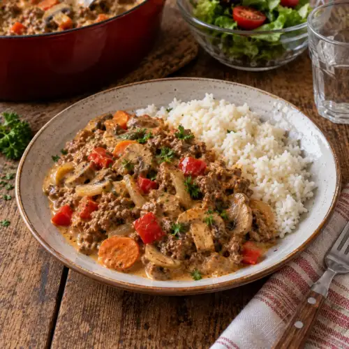 Romige gehakt Stroganoff met rundergehakt, champignons, paprika, wortel en zure room