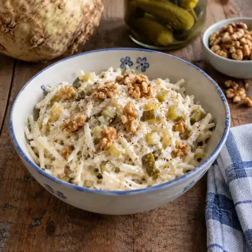 Romige knolselderijsalade met walnoten, augurk, zure room en mosterd
