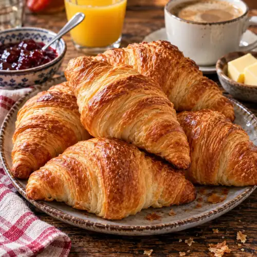 Goudbruine roombotercroissants met bladerige laagjes en deeg bereid in de broodbakmachine