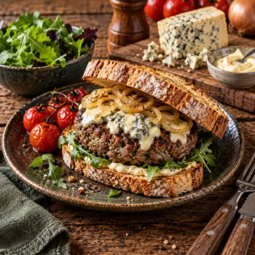 Roquefortburgers met rundergehakt, romige blauwekaassaus en krokante broodjes