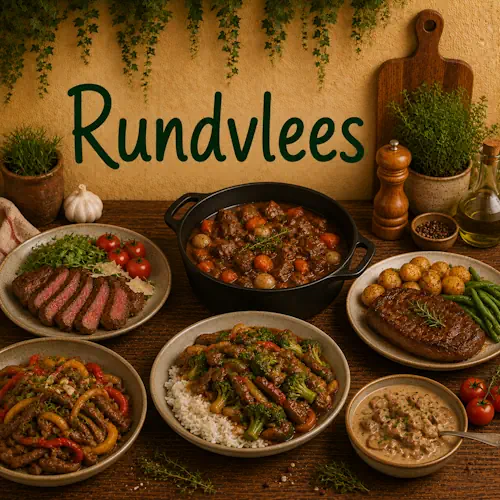 Verschillende gerechten met rundvlees zoals biefstuk, stoofvlees en roergebakken rundvlees met groenten, rijst, aardappelen en kruiden op een rustieke houten tafel