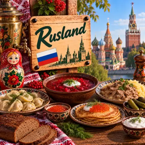 Russische recepten met borsjtsj, pelmeni, blini, beef stroganoff, roggebrood, ingelegde groenten en traditionele gerechten op een rustieke houten tafel
