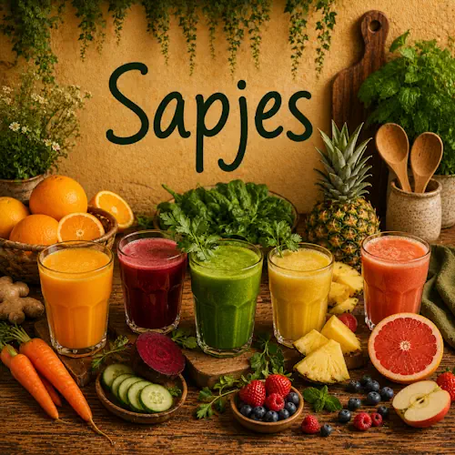 Verschillende verse sapjes met sinaasappel, wortel, biet, groene groenten, ananas, grapefruit, appel en bessen op een rustieke houten tafel