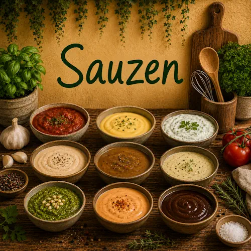 Verschillende zelfgemaakte sauzen zoals tomatensaus, kaassaus, kruidensaus, pepersaus, champignonsaus en groene kruidensaus op een rustieke houten tafel