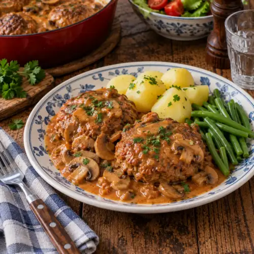 Scaloppini van runder- en kalfsgehakt met champignons in een kruidige mosterd-tomatensaus