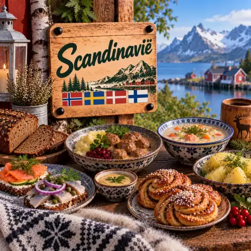 Scandinavische recepten met zalm, haring, gehaktballetjes, aardappelen, vissoep, roggebrood en kaneelbroodjes op een rustieke houten tafel