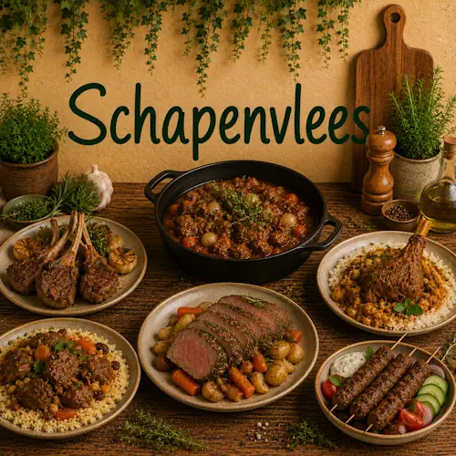 Verschillende gerechten met schapenvlees zoals stoofvlees, koteletten, gebraden vlees en spiesjes met rijst, couscous, groenten en verse kruiden op een rustieke houten tafel