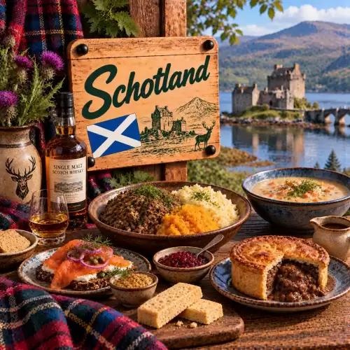 Schotse recepten met haggis, neeps and tatties, zalm, vissoep, hartige pie, shortbread en traditionele gerechten op een rustieke houten tafel