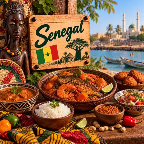Senegalese recepten met thieboudienne, vis, rijst, pindastoofpot, groenten, limoen en traditionele gerechten op een rustieke houten tafel