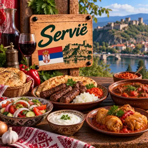 Servische recepten met ćevapi, sarma, ajvar, stoofgerechten, salade, brood en traditionele gerechten op een rustieke houten tafel