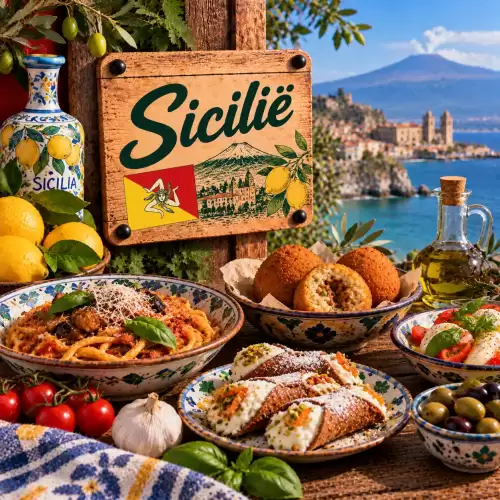 Siciliaanse recepten met pasta alla Norma, arancini, cannoli, vis, zeevruchten, tomaten, olijven en citroen op een rustieke houten tafel