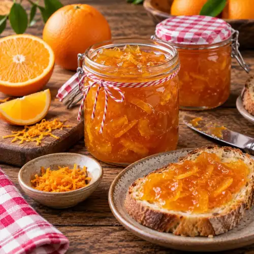Zelfgemaakte sinaasappelmarmelade met sinaasappelschil bereid in de broodbakmachine