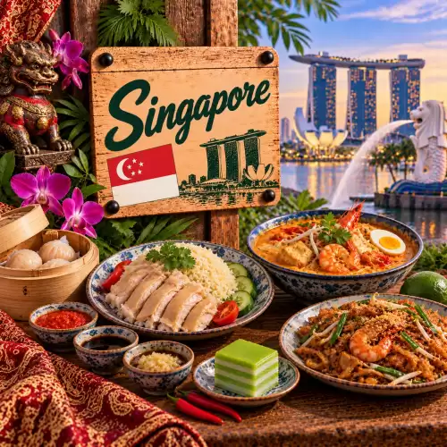 Singaporese recepten met Hainanese chicken rice, laksa, char kway teow, dumplings, rijst, garnalen en traditionele gerechten op een rustieke houten tafel