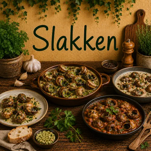 Verschillende gerechten met slakken zoals escargots met knoflook, kruidenboter, romige saus en tomatensaus op een rustieke houten tafel