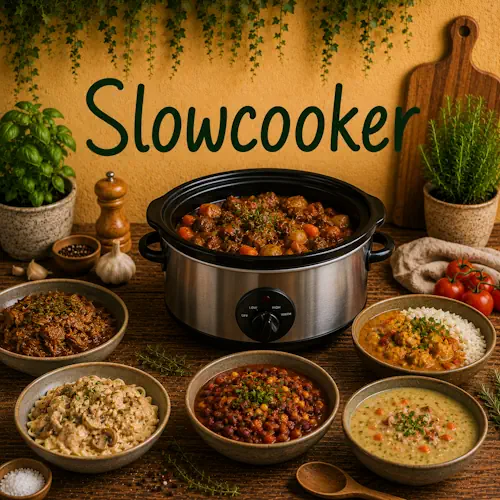 Slowcooker met verschillende gerechten zoals stoofvlees, pulled meat, curry, chili, romige kip en soep op een rustieke houten tafel