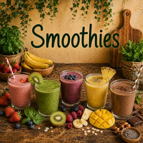 Verschillende smoothies met aardbei, banaan, kiwi, spinazie, bessen, mango, ananas en chocolade op een rustieke houten tafel
