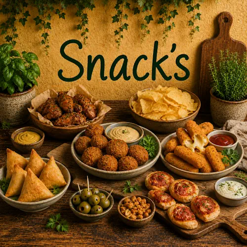 Verschillende snacks zoals kipvleugels, falafel, kaashapjes, samosa's, mini pizza's, chips, noten en olijven met verschillende dips op een rustieke houten tafel